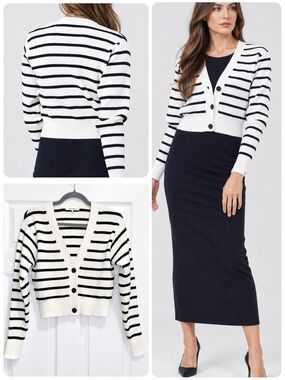 FRAME Relaxed Striped Rib-Knit Cardigan Black White Stripe Sweater Size Small